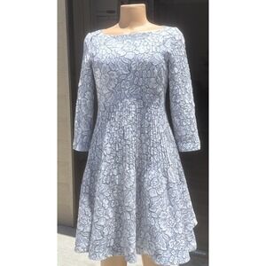 Eliza J Fit Flare Dress Pleated 3/4 Sleeves Lace Blue Floral